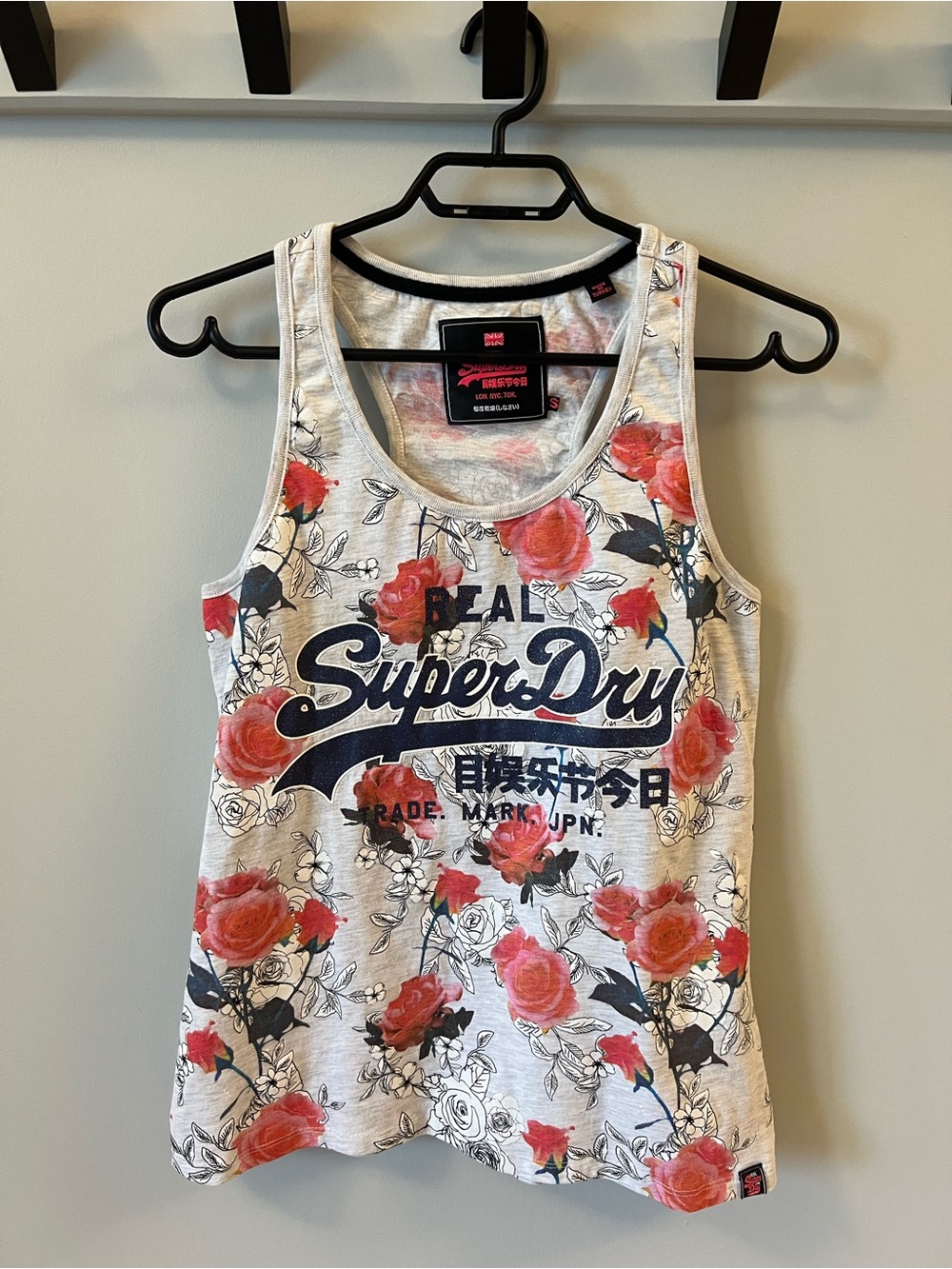 Superdry White Tank Top with Pink Rose Print and Navy Logo